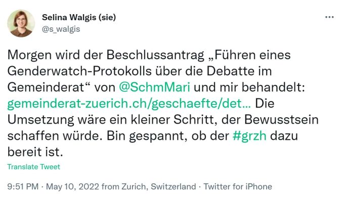 Selina Walgis (Grüne) und Marion Schmid (SP) haben den Antrag für ein Redezeit-Protokoll eingereicht. Er wurde mit 61 zu 50 Stimmen angenommen. Genderwatch Protokoll Zürich