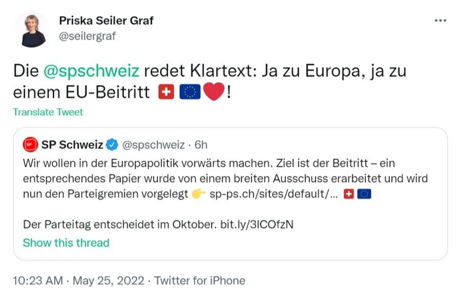 Europa- und Schweizer Fahne, von einem Herzchen begleitet. Priska Seiler-Graf will ein EU-Beitritt.