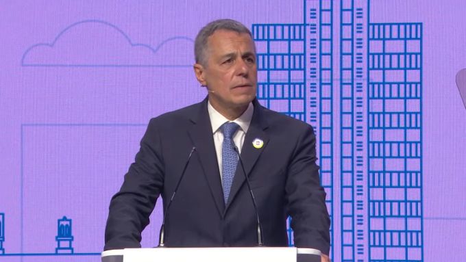 Ignazio Cassis bei der Eröffnungsrede der Ukraine-Konferenz in Lugano. Ukraine-Krieg
