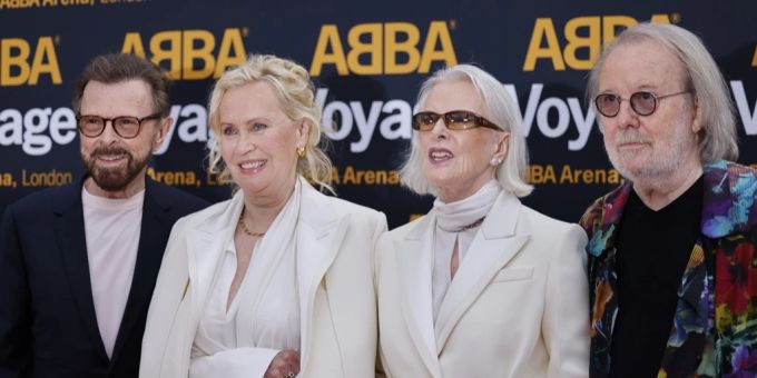 Abba – das sind Björn, Agnetha, Anni-Frid und Benny (v.l.n.r.) – bei der Album-Premiere von Voyage in London. Abba