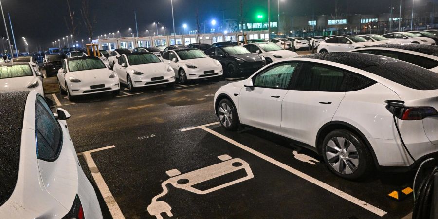 Neue Elektrofahrzeuge vom Typ Model Y auf einem Parkplatz vor dem Werk des US-Elektroautobauers Tesla.