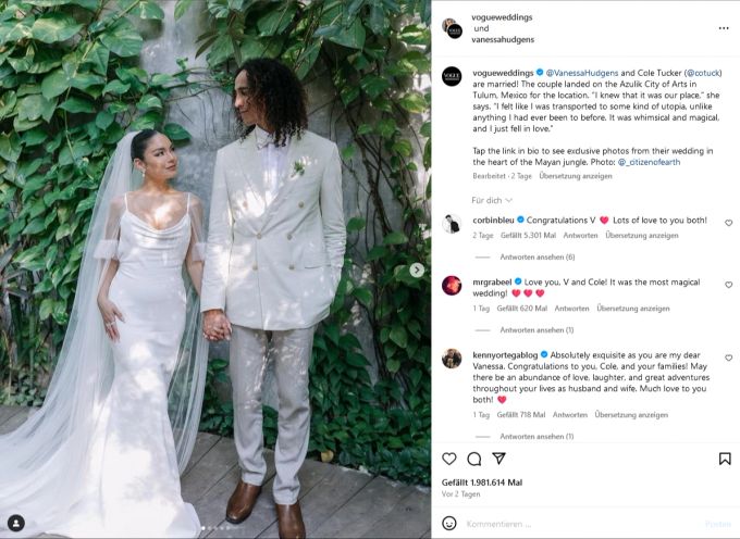 Vanessa Hudgens präsentiert sich auf ihrer Hochzeit in einem Kleid von Vera Wang. vanessa hudgens hochzeit