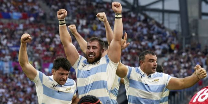 Die argentinischen Spieler feiern den Einzug ins Halbfinal der Rugby-WM. Rugby WM
