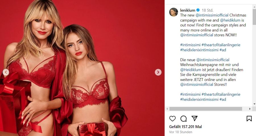 Leni und Heidi Klum zeigen sich zusammen in Intimissimi-Weihnachts-Unterwäsche.