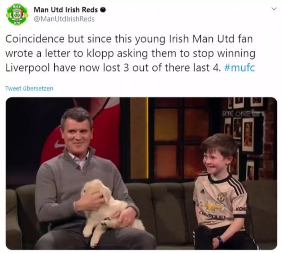 «Ein Zufall, aber seit dieser junge ManUtd-Fan aus Irland seinen Brief an Klopp schickte und ihn bat, mit dem Siegen aufzuhören, hat Liverpool drei von vier Spielen verloren.»