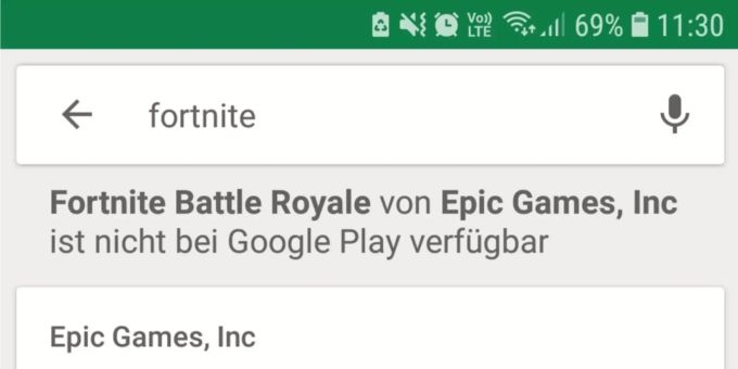 «Fortnite»: Im Google Play Store wird ausdrücklich darauf hingewiesen, dass «Fortnite: Battle Royale» nicht bei Google Play verfügbar ist. «Fortnite»: Im Google Play Store wird ausdrücklich darauf hingewiesen, dass «Fortnite: Battle Royale» nicht bei Google Play verfügbar ist.