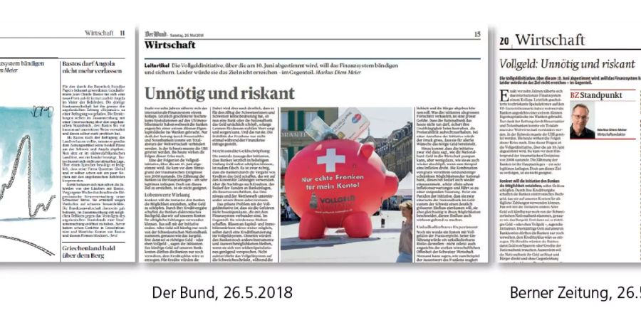 Drei verschiedene Zeitungen, drei verschiedene Abos für die Leserschaft, aber ein und derselbe Beitrag: Ein Leitartikel zur Vollgeld-Initiative in Tages-Anzeiger, Der Bund und Berner Zeitung am 26. Mai 2018. Bild: SMD/Hauptbefunde Jahrbuch Qualität der Medien 2018