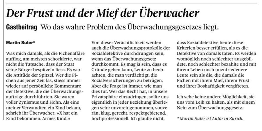 Der Meinungsbeitrag von Autor Martin Suter im «Tagesanzeiger».