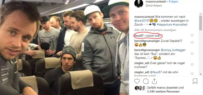Der Kommentar von Beat Feuz (rechts, feuz87) unter ein Foto von Mauro Caviezel. Caviezel