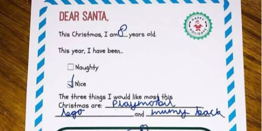 «Dear Santa, ich wünsche mir Playmobil, Lego und Mummy».