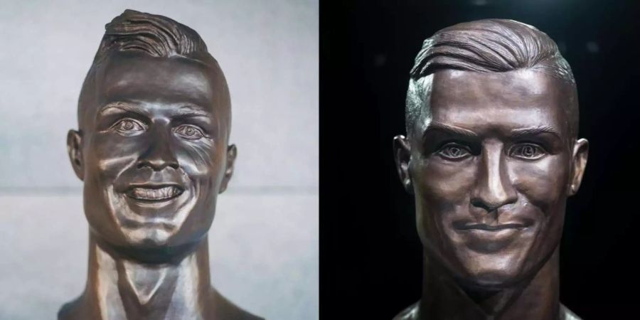 Die neue Ronaldo Statue verglichen mit dem ersten, missratenen Versuch.