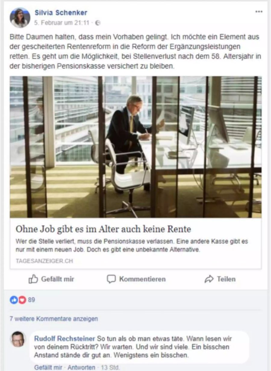 Der betreffende Facebook-Post von Ruedi Rechsteiner auf Silvia Schenkers Seite.