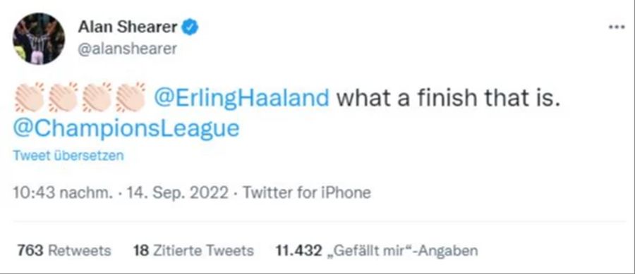 «Was für ein Abschluss», schreibt Alan Shearer zum Tor von Erling Haaland und applaudiert via Emoji.