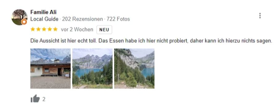 Eine Besucherfamilie schwärmt auf Google von der tollen Aussicht, die das Restaurant zur Sennhütte bietet.