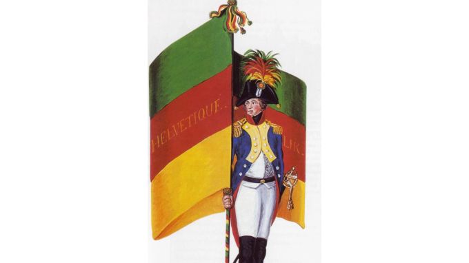 Ausschnitt aus einer Zeichnung eines St. Galler Fähnrichs mit der Fahne der Helvetischen Republik. Helvetik