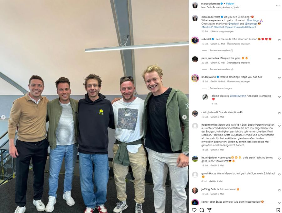 Die Ski-Stars treffen auch auf den neunfachen MotoGP-Weltmeister Valentino Rossi