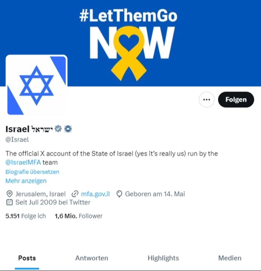 Hier beim Account von Israel fehlt der entsprechende Banner.