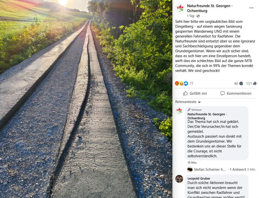 Die Naturfreunde informieren darüber, dass sich der Verursacher mittlerweile gemeldet hat.