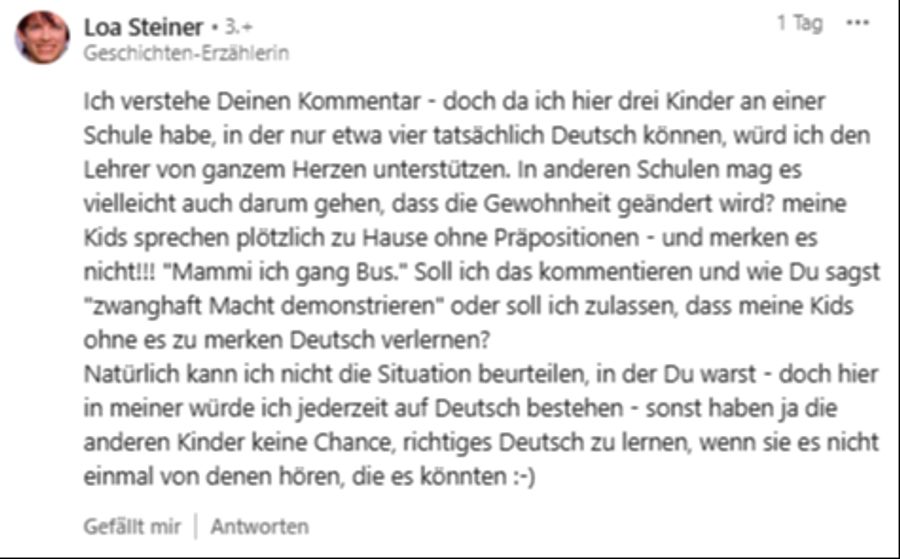 Loa Steiner unterstreicht, dass es jederzeit Sinn mache, auf Deutsch zu bestehen. Auch weil Mundart nicht alle verstehen.