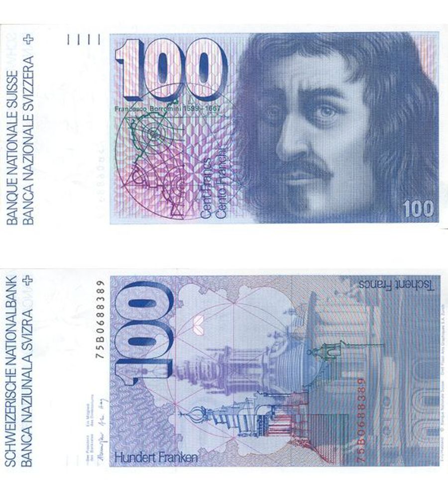 Der Hunderter der 6. Banknoten-Serie ist dem Architekten Francesco Borromini (1599-1667) gewidmet. Auf der Rückseite eines seiner Werke, der Kuppelturm der Kirche S. Ivo samt Grundplan.