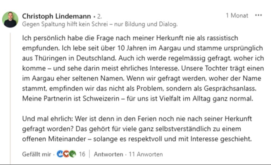 «Ich persönlich habe die Frage nach meiner Herkunft nie als rassistisch empfunden», schreibt Christoph Lindemann.