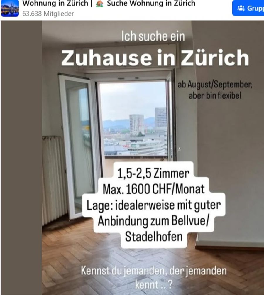 Mit diesem Post sucht eine Frau in Zürich via Facebook eine Wohnung. Dafür gebe es höchstens einen Keller, so ein Kommentar.