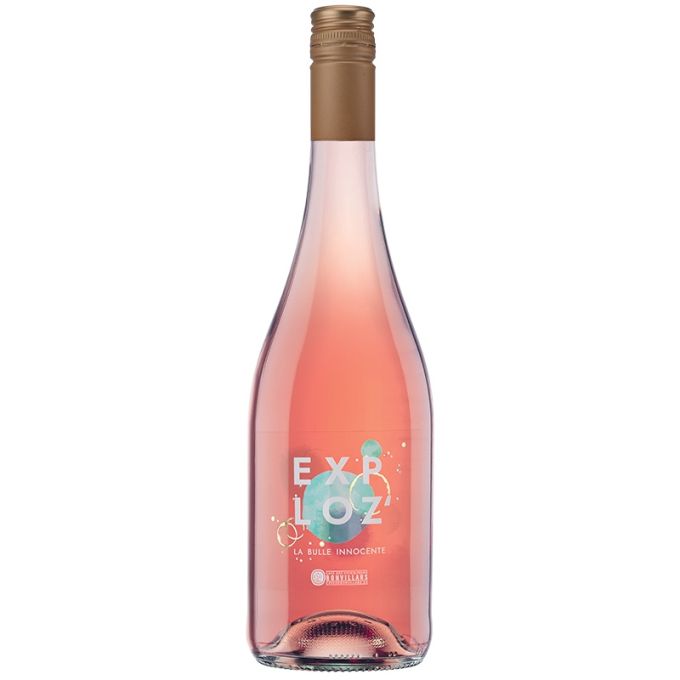 Modern: der Rosé von Gamme Exploz’. Weinflasche rosafarben weisser Hintergrund