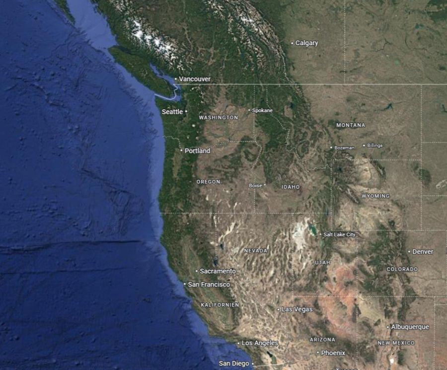 Die Cascadia-Subduktionszone befindet sich an der Küste bei der Grenze von Kanada und der USA.