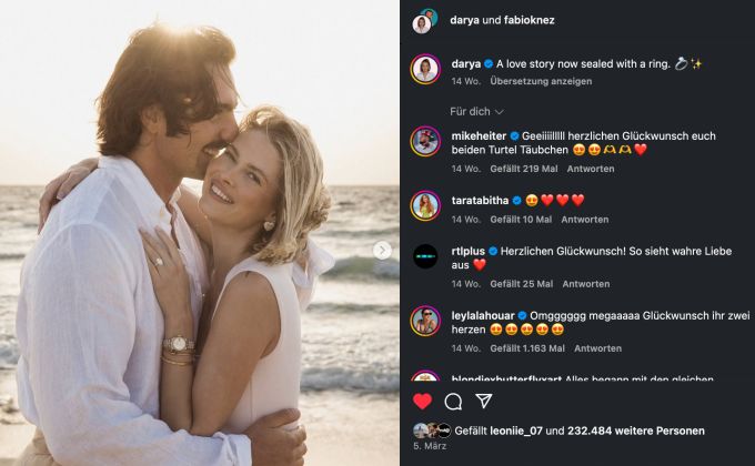 Die Fotos zur Verlobung von Darya Strelnikova (re.) und Fabio Knez (li.) wurden am Strand in Dubai geschossen. dubai fabio knez
