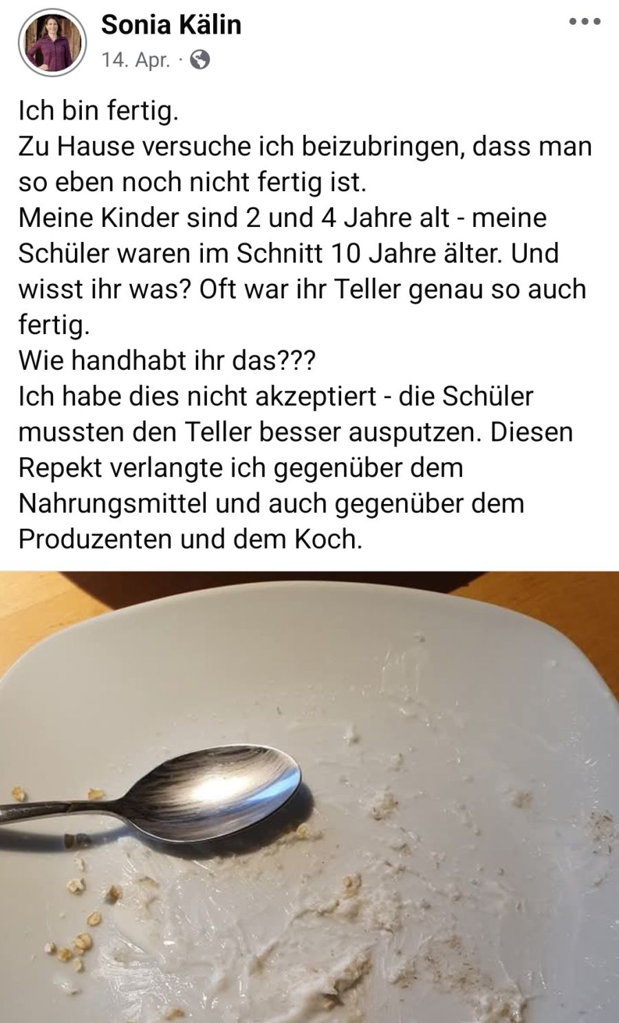 Dieser Post von Sonia Kälin auf Facebook spaltet die Gemüter.