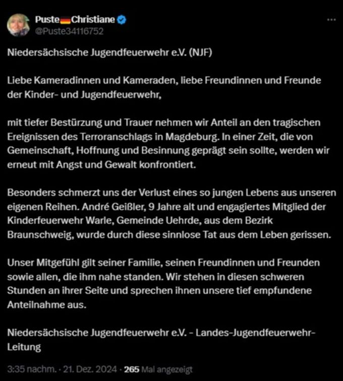 Nutzer teilen über Social Media ein Statement der Niedersächsischen Jugendfeuerwehr nach dem Magdeburg-Anschlag. Twitter Magdeburg Anschlag