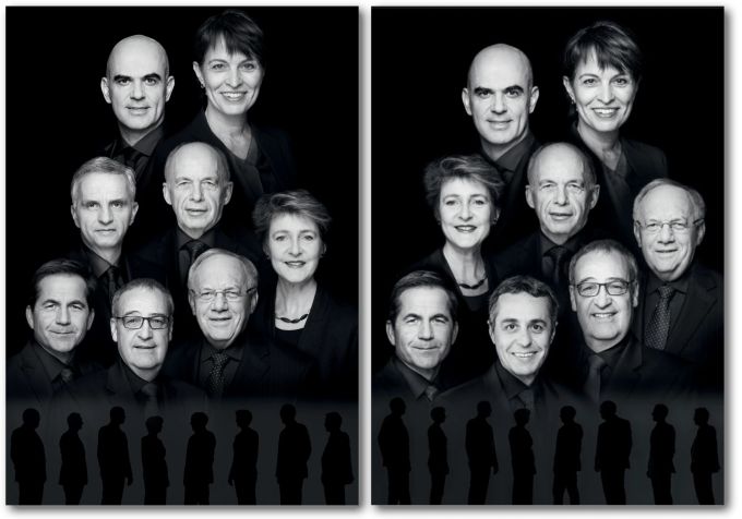 Unter anderem auch 2017 gab es zwei Versionen des Bundesratsfotos, nachdem Didier Burkhalter (linkes Bild, 2. Reihe links) zurückgetreten und durch Ignazio Cassis (rechtes Bild, unten Mitte) ersetzt worden war. Bundesratsfoto 2017