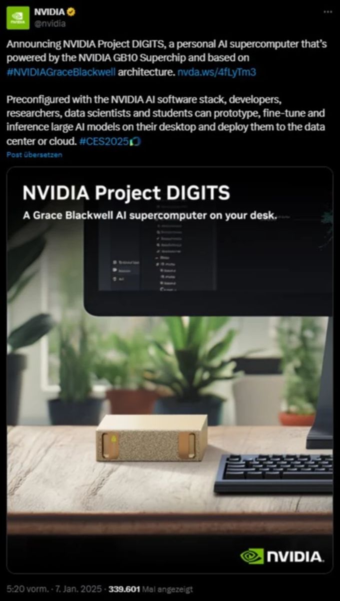 Mit «Project Digits» will Nvidia KI auf jeden Schreibtisch bringen können. Nvidia KI twitter