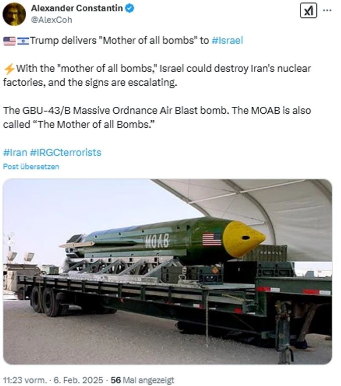 Diese MOAB-Bombe wird auch die «Mother of all Bombs» genannt. Donald Trump will sie an Israel liefern. Donald Trump