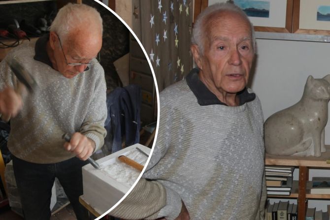 Auch mit 87 Jahren nimmt Ernst Bösch regelmässig Hammer und Meissel in die Hand. Bild: Nico Wrzeszcz