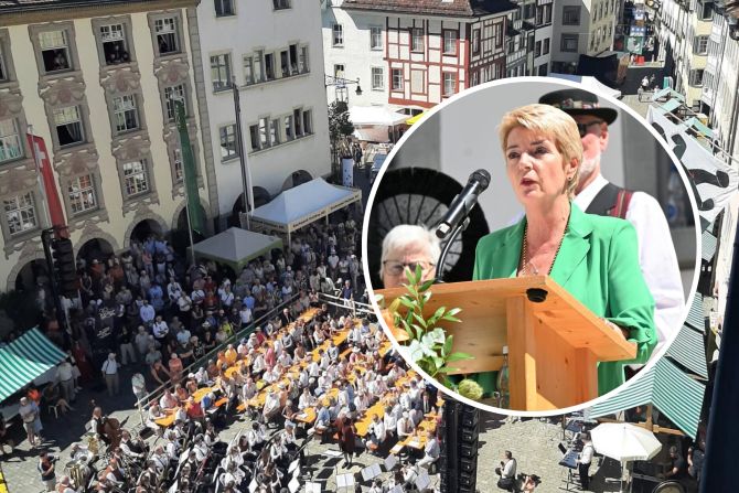 Bundesrätin Karin Keller-Sutter würdigte die Bedeutung des Hofs zu Wil als historisches Wahrzeichen und lebendigen Begegnungsort.