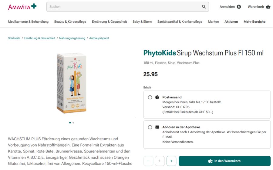 Wachstumsprodukte werden in diversen Apotheken und Online-Shops angeboten. Bei Amavita, Coop Vitality und Sun Store gibts beispielsweise «Phyto Kids Sirup Wachstum Plus»...