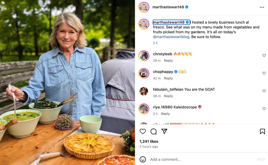 Instagram Martha Stewart am Zubereiten von Gerichten.