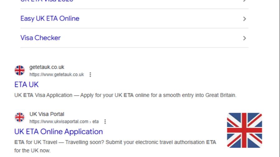 Bei der Google-Suche erschien die Fake-Website noch vor der offiziellen ETA-Website.