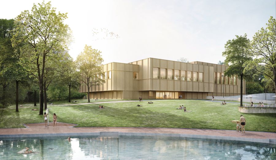 Aussenansicht des Neubaus für die Sport- und Freizeitanlage Weyermannshaus (Visualisierung).