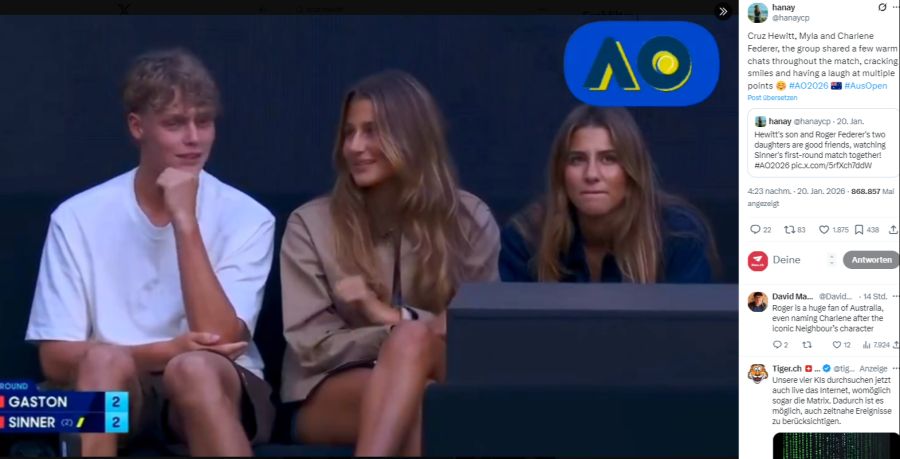 Die Federer-Twins Myla und Charlene unterhalten sich mit Cruz Hewitt.