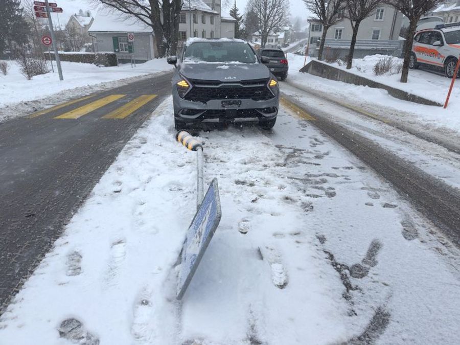 Die Frau fuhr in eine Signaltafel.
