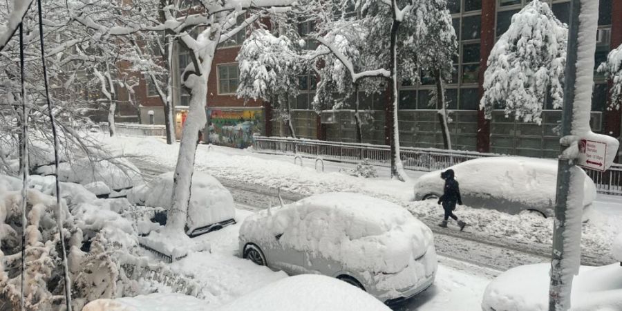 dpatopbilder - Schnee liegt hoch auf Autos in einer Straße in New York. Ein heftiger Schneesturm zieht über den Nordosten der USA hinweg. Foto: Christina Horsten/dpa