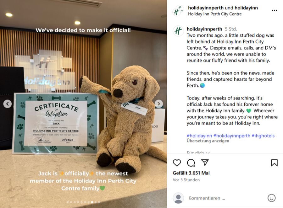 Weil sich niemand meldete, wurde Jack offiziell vom Hotel adoptiert.