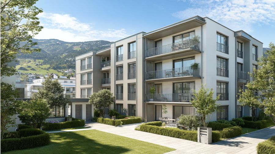 Auch der Aussenbereich von Wohnungen zeigt typische Merkmale: Die Fassade der Mehrfamilienhäuser ist oft schlicht verputzt, Balkone gehören zur Standardausstattung, häufig mit Sichtschutz oder Bepflanzung. Hinweis: Dieses Bild entstand durch newhome unter Verwendung von KI.