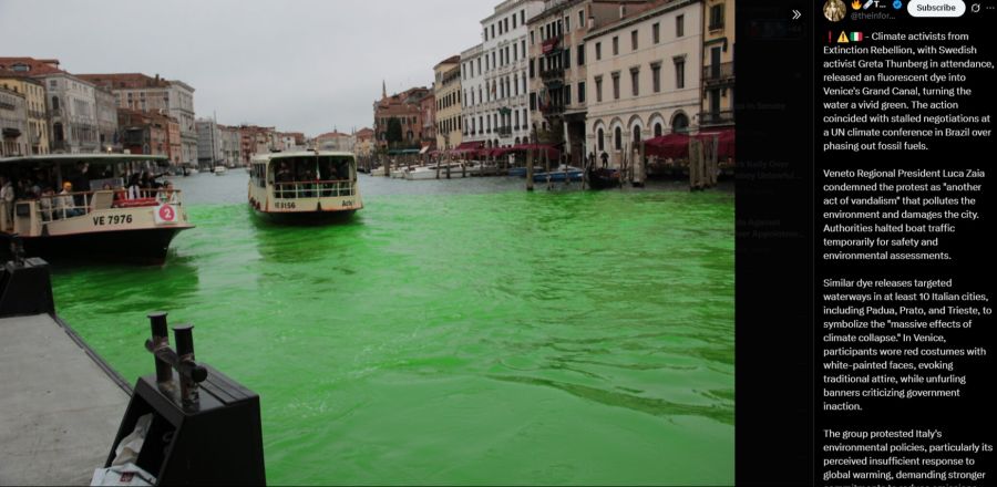 Neongrün gefärbt: Aktivisten von «Extinction Rebellion» liessen den Canal Grande in Venedig leuchtend grün erscheinen.