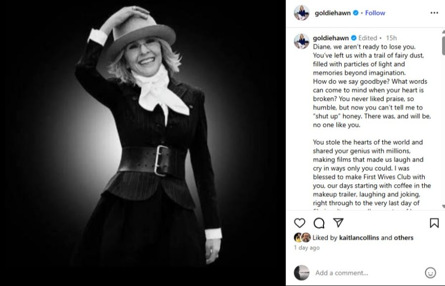 Goldie Hawn zollt ihrer verstorbenen Kollegin Diane Keaton Tribut auf Social Media.