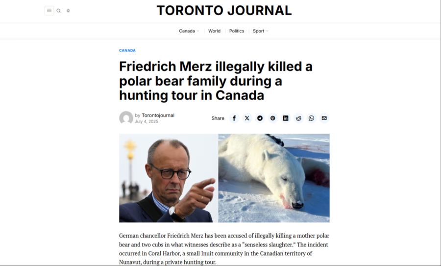 Auch andere Länder sind betroffen: So sah der Fake-News-Artikel über Merz als Eisbärenjäger im Juli aus.