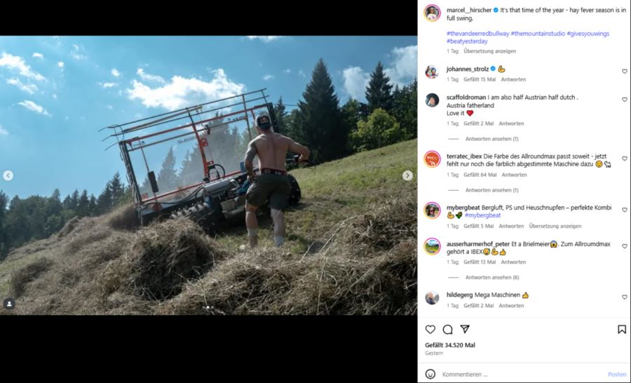 Marcel Hirscher erledigt Arbeiten auf dem Feld.