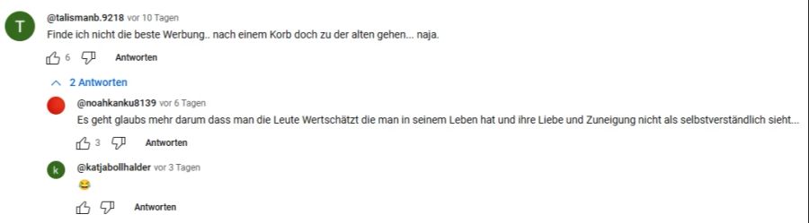 Dieser Kommentierer stimmt zu: «Nicht die beste Werbung. Nach einem Korb doch zu der Alten gehen ... na ja.»